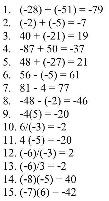 1. (-28) + (-51) = -79 2. (-2) + (-5) = -7 3. 40 + (-21) = 19 4. -87 + 50 = -37 5. 48 + (-27) = 21 6. 56 - (-5) = 61 7. 81 - 4 = 77 8. -48 - (-2) = -46 9. -4(5) = -20 10. 6/(-3) = -2 11. 4 (-5) = -20 12. (-6)/(-3) = 2 13. (-6)/3 = -2 14. (-8)(-5) = 40 15. (-7)(6) = -42